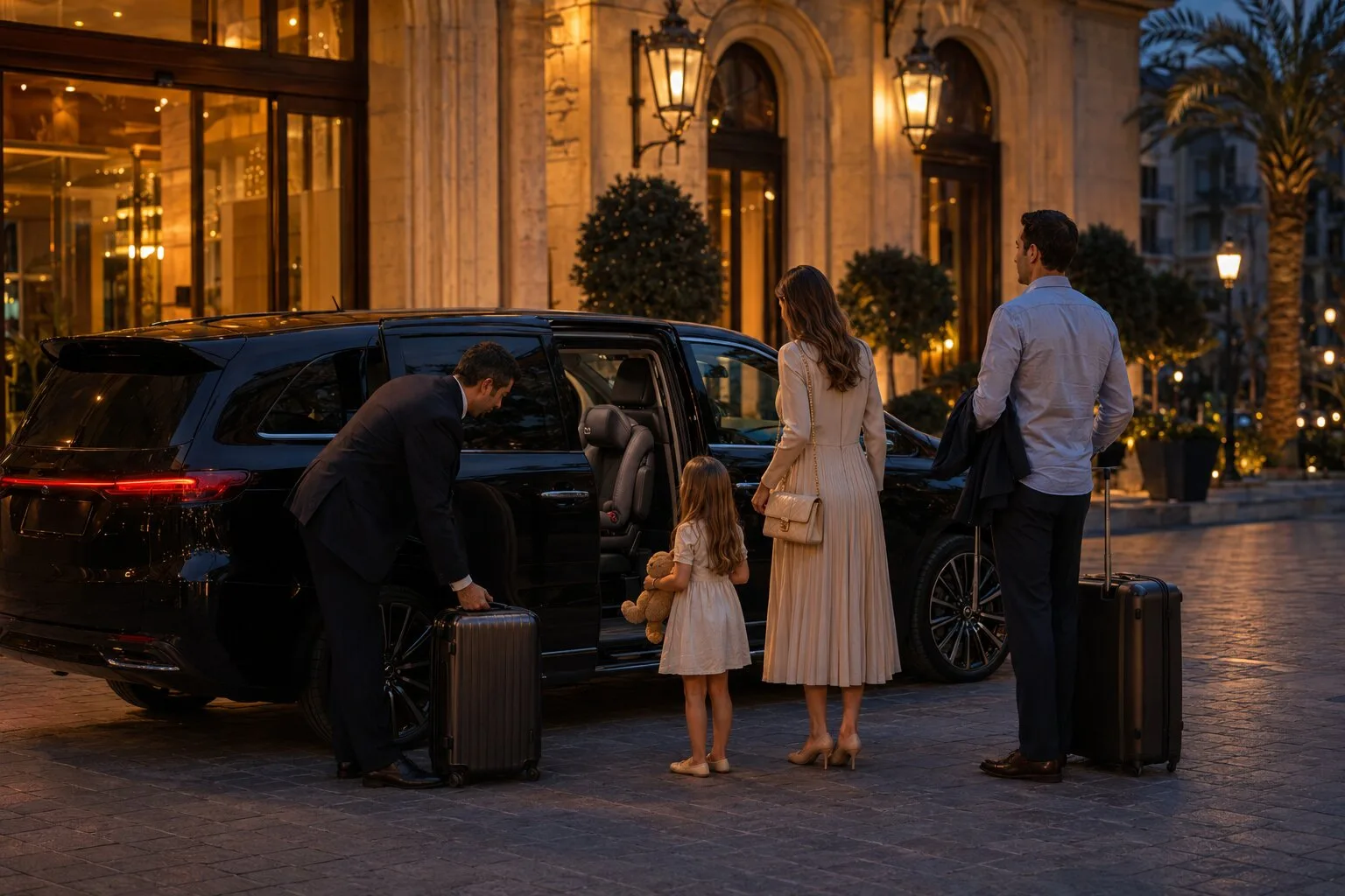 Family arriving at their hotel in a premium transfer van